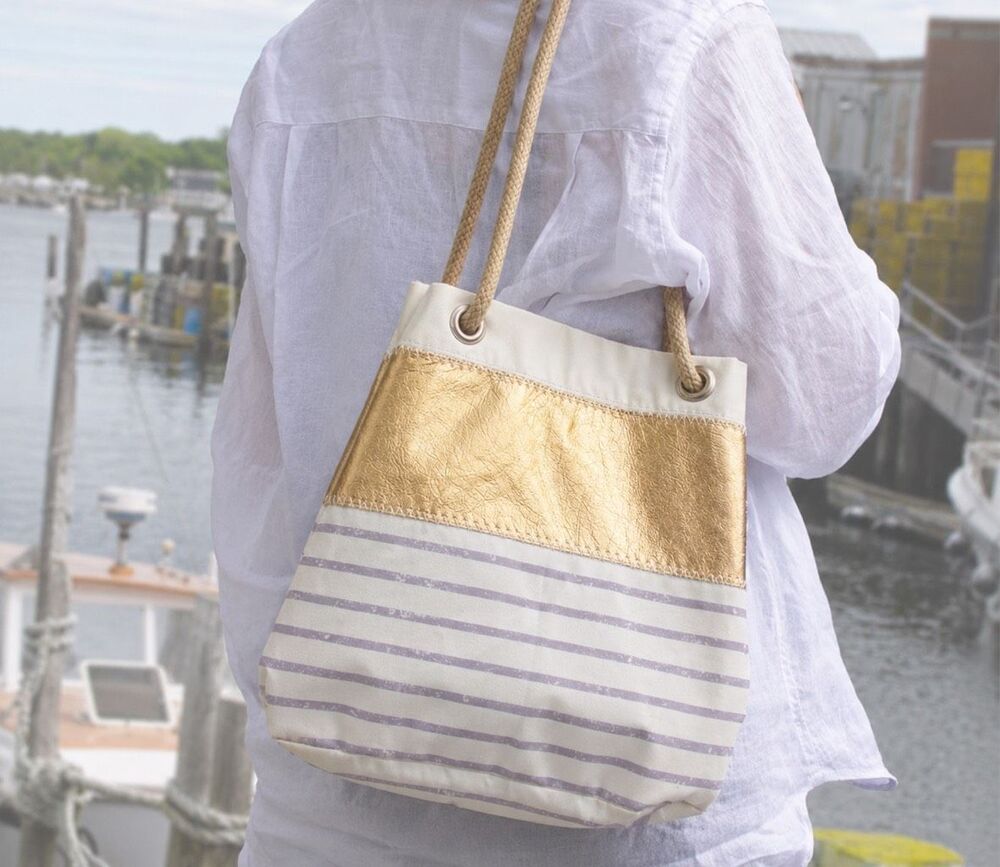 NWT SEA BAGS Maine Grey Mariner Stripe Convertible Bucket Bag $140 Hampton coast